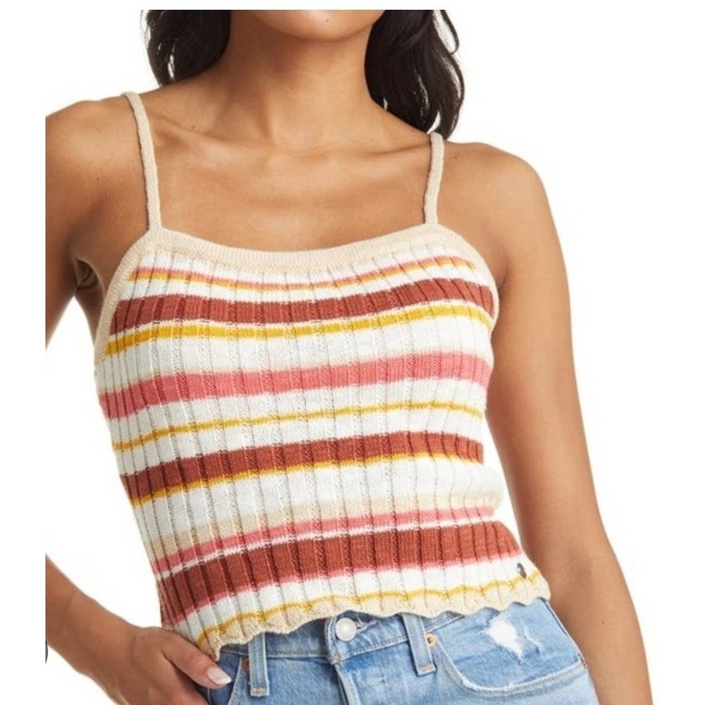 Roxy Favorite Tune Cotton Cami Sweater Sz L Pink Brown White Stripes Boho Cutie
